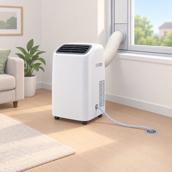 A portable air conditioner standing on the floor of a room, with a drain hose fitted to it for continuous drainage, positioned beside a window that has a vent fitting in place.