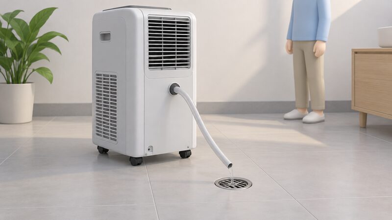 A portable air conditioner on a room floor with a short push-fit drain hose leaving its condensate outlet and falling continuously in a smooth, unlooped run down to a floor drain in the floor nearby.