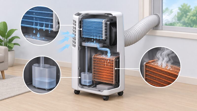 A cutaway view of a portable air conditioner showing condensate dripping from the evaporator coil, being collected and piped to drip over the hot condenser coils, then leaving as vapour through the exhaust hose.