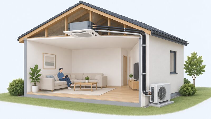 A cutaway house diagram showing a ceiling cassette in the room ceiling void connected by two small insulated refrigerant pipes and a condensate drain pipe running down through the wall to an outdoor unit on the ground outside, with no ductwork anywhere.