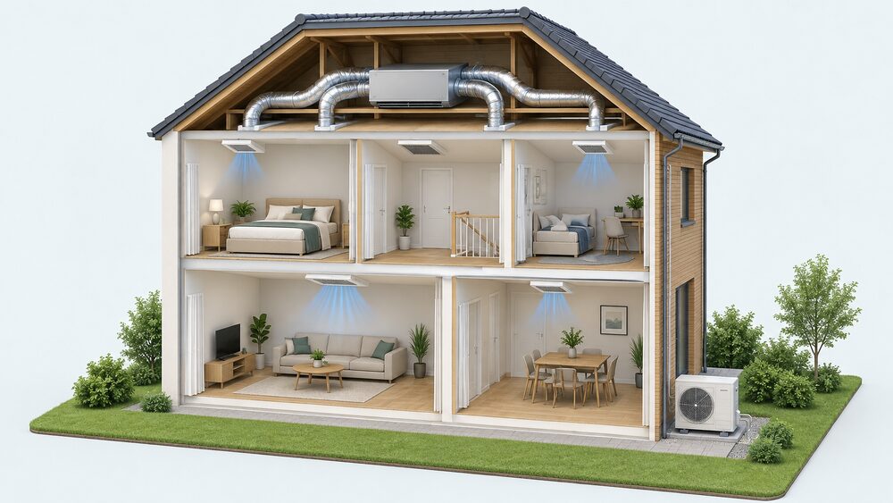 A cutaway house in cross-section showing a slim ducted indoor unit hidden in the loft ceiling void feeding insulated branch ducts that end in supply grilles in the rooms below, a ceiling cassette recessed into a false ceiling with only its grille visible, and one outdoor unit on the ground outside connected by slim refrigerant pipes.