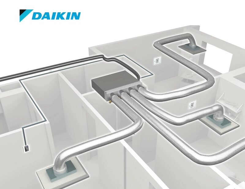 A 3D architectural diagram of a Daikin ducted air distribution system with ducts running through a cutaway building