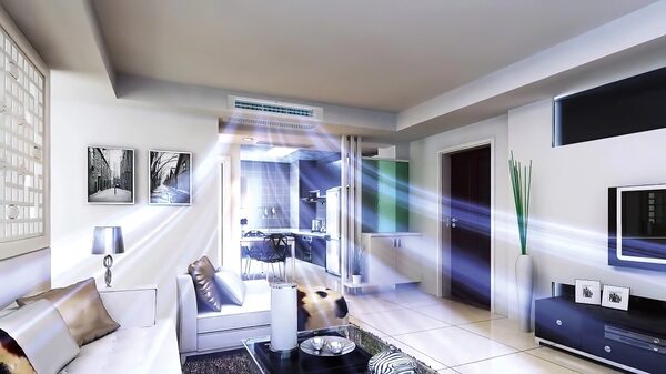 A slim concealed ceiling duct air conditioning unit installed in a modern living room, with illustrated airflow streams across the space