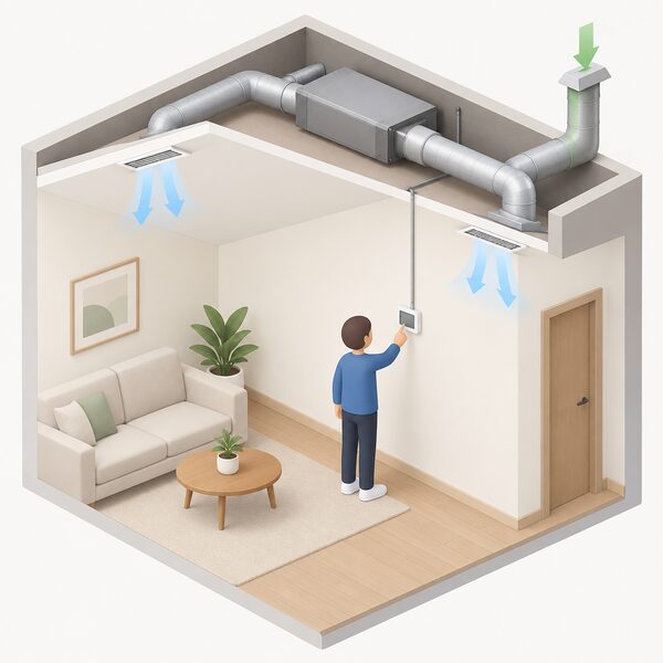 A simplified isometric figure reaches up to a wired wall controller mounted on an indoor wall at head height, with a slim concealed ducted unit hidden above the ceiling connected by ducts, the controller wired to it.