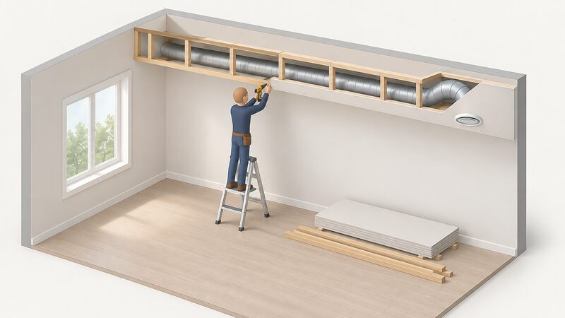 A room during a ducted air conditioning retrofit where a joiner builds a timber-framed dropped ceiling bulkhead along the ceiling edge, with a simplified isometric figure fixing the frame and round ducting running inside the partially enclosed void toward a ceiling outlet.