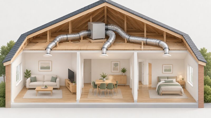 A cutaway loft scene showing a single concealed air handling unit about boiler-sized, with insulated flexible ducting branching from it along the ceiling void to slim circular ceiling outlets in the rooms below.