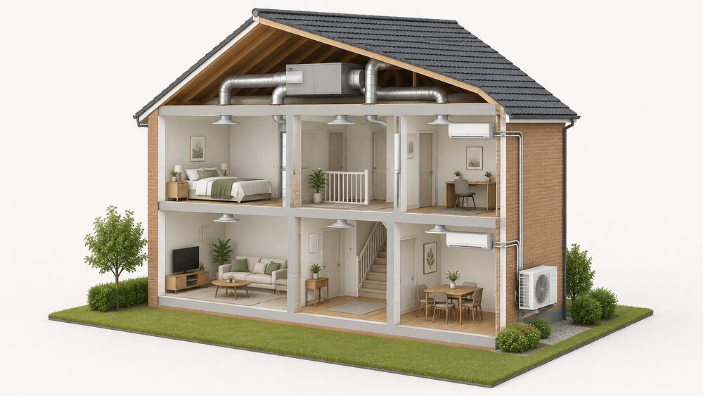 A cutaway two-storey house showing a ducted system with an air handling unit in the loft connected by ducts to ceiling outlets in the rooms below, alongside a multi-split setup with one outdoor unit on the external wall linked by refrigerant pipework to slim indoor units mounted high on the walls of two rooms.