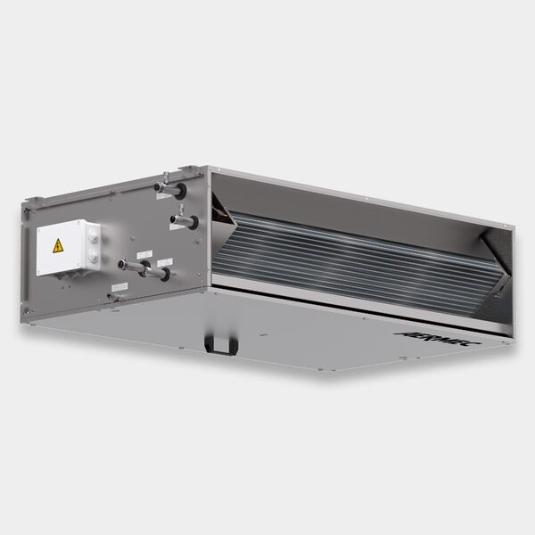Aermec ducted fan coil unit, a ceiling-mounted air handling unit with visible coil and pipework