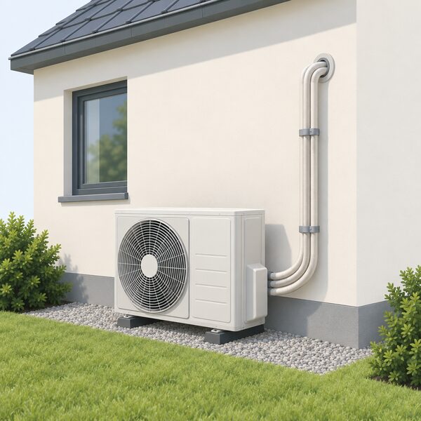 A multi-split air conditioning outdoor unit standing on the ground beside the exterior wall of a house, with insulated refrigerant pipes running from the unit up the wall and entering through it, drawn as a simple cutaway-style exterior view.