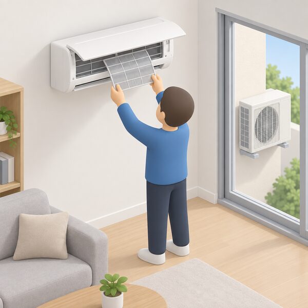A simplified isometric figure lifts the front panel of a wall-mounted multi-split indoor air conditioning unit and slides out the mesh filter to clean it, with the outdoor unit visible on the wall behind through a window.
