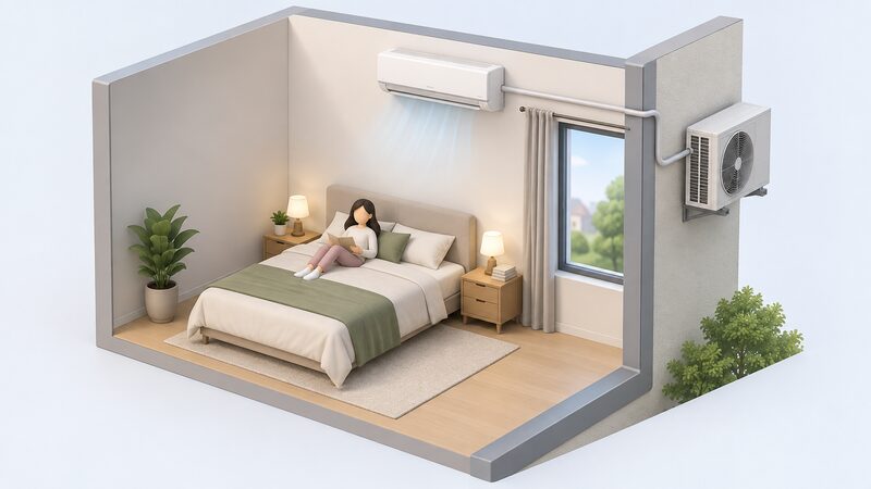 A bedroom with a wall-mounted multi-split indoor unit high on the wall above a bed, its refrigerant pipe run passing through the wall to a single outdoor unit mounted on the external wall outside the window.
