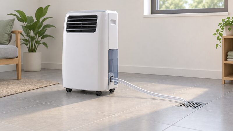 A portable air conditioner on a room floor with a clear drainage hose running from its lower outlet continuously downhill to a floor drain in the floor, with no upward loop in the hose.