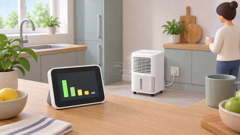 A smart meter in-home display held or set on a kitchen worktop shows a low hourly running cost as a plain blank screen with simple bars, while a small portable dehumidifier runs nearby in the same room.