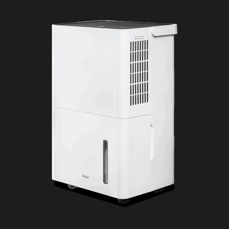 A white Duux Bora portable dehumidifier photographed against a plain white background