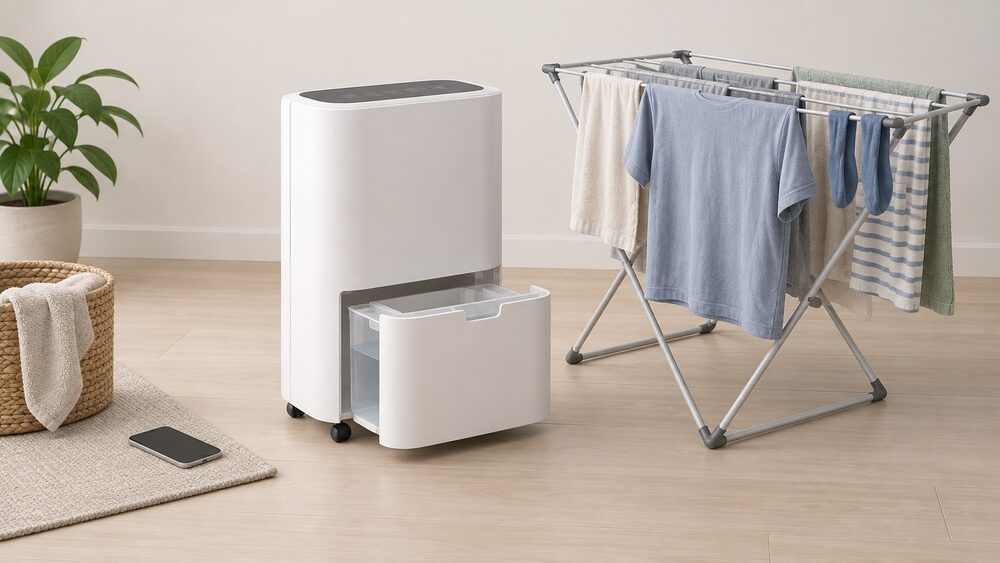 A tall white portable dehumidifier standing on a floor, its 4-litre water tank pulled out at its base, beside a clothes airer hung with damp laundry, with a smartphone showing a blank screen resting nearby.