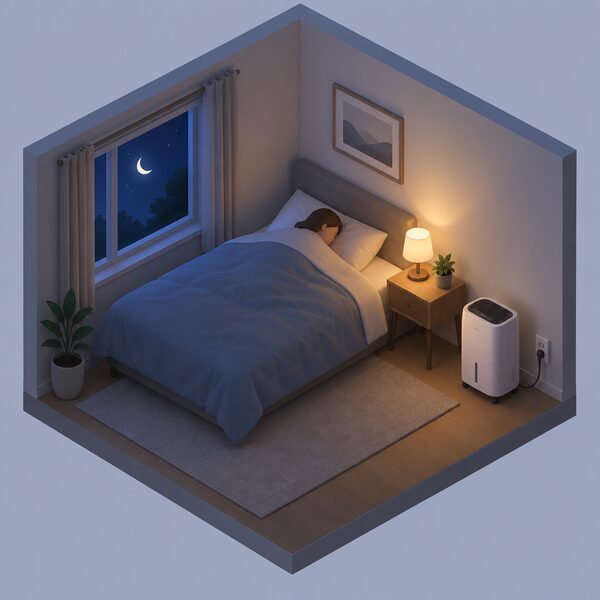 A small isometric bedroom at night with a compact dehumidifier standing on the floor against a wall, plugged into a wall socket, running quietly beside a bed where a sleeping figure lies under a duvet, with a bedside lamp glowing dimly.