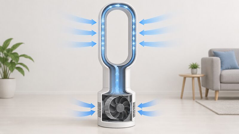 A cutaway diagram of a bladeless fan showing the small impeller inside the oval base, an internal duct rising through the stem, and the narrow slot running around the inside of the loop, with arrows showing air drawn in at the base and expelled through the slot.