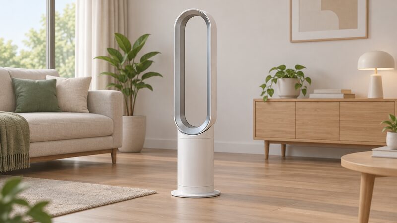 A plain floor-standing bladeless fan standing on a living room floor, drawn as a tall oval loop amplifier mounted above a sturdy cylindrical base, with no visible blades anywhere on the unit.