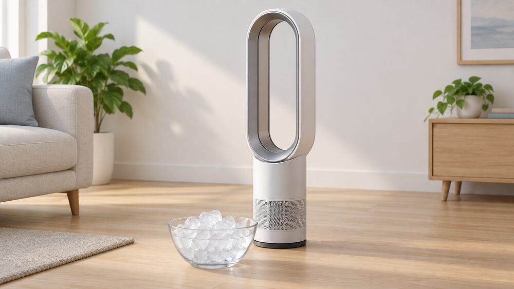 A close-up of a bladeless floor-standing fan with a hollow loop on a slim base, standing on a floor indoors with a bowl of ice placed on the floor directly in front of the loop.