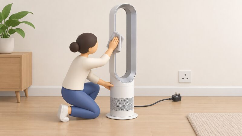 A bladeless fan on a floor with its loop amplifier, base intake and outer casing being wiped with a dry cloth by a simplified figure, its mains plug lying removed on the floor beside a wall socket.