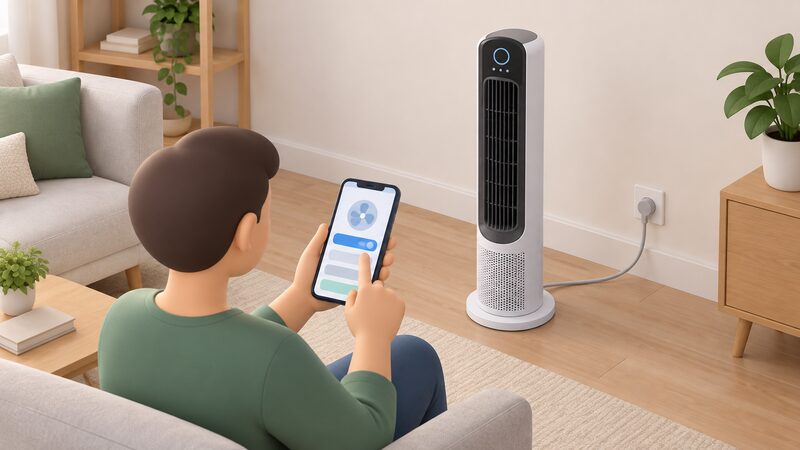A hand holds a smartphone showing a plain fan control app screen beside a tower purifier-fan on a living room floor, its cable running to a wall socket, with the phone screen showing only blank colour bands and blocks.