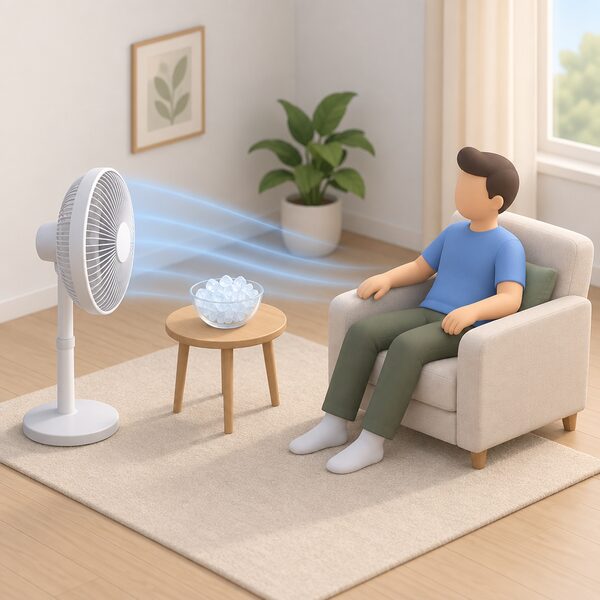 A pedestal fan in a living room angled so its airflow blows directly onto a simplified seated figure nearby, with a small bowl of ice on a side table between them, showing the fan cooling the person rather than the room.