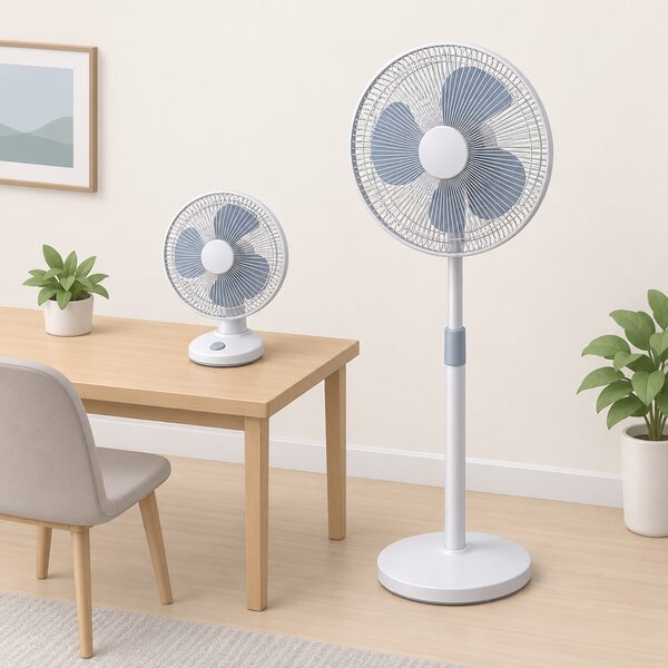 A small desk fan with a compact base standing on a table beside a taller pedestal fan on a slim pole and round base, both shown side by side to compare their sizes.