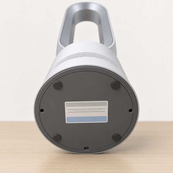 A close-up view of the underside base of a bladeless fan appliance standing on a table, with a small rectangular product label stuck flat on the base showing only blank lines and plain colour bands where the serial and batch information would be printed.