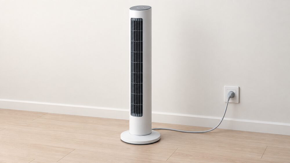 A tall, narrow floor-standing tower fan with a vertical outlet grille stands close up on a plain floor, its cable running to a wall socket, with nothing else in the scene.