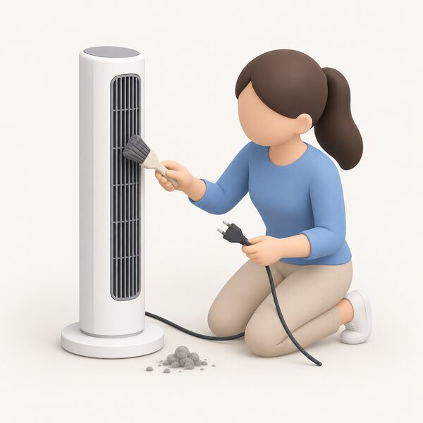 A simplified figure kneels beside a tower fan on a floor, holding its plug and running a hand along the cable to inspect it, while a soft brush clears dust from the narrow front grilles, with a small pile of removed dust nearby.