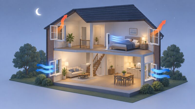 A cutaway two-storey house at night with open downstairs and upstairs windows, cool air arrows entering low and warm air arrows leaving high, and a tower fan beside a bed blowing onto a sleeping figure in an upstairs bedroom.