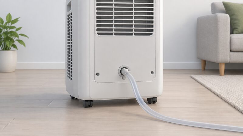 A close-up of the rear of a portable air conditioner showing the drain outlet low on the back panel with a drainage hose pushed onto the port and running steadily downwards under gravity toward the floor.
