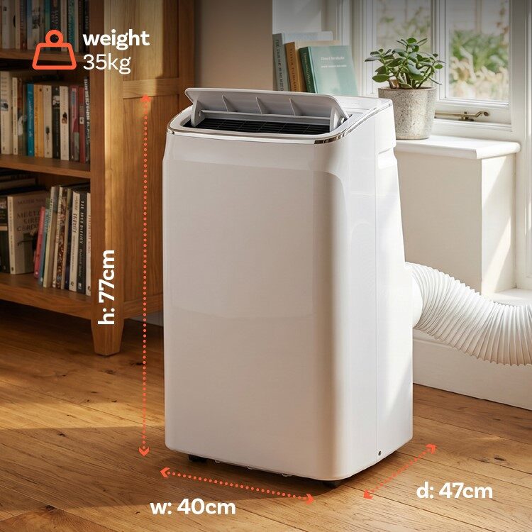 A white electriQ portable air conditioner standing in a living room with dimension and weight annotations overlaid
