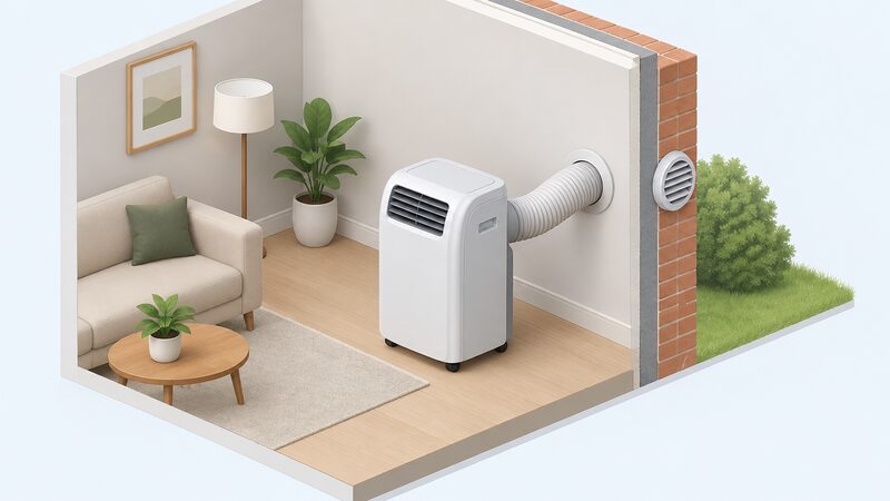 An isometric view of a portable air conditioner standing on the floor of a room, its 150 mm exhaust hose running a short distance to a round vent flange fitted through the external wall, with the outside face of the flange and its grille visible on the other side of the wall cutaway.