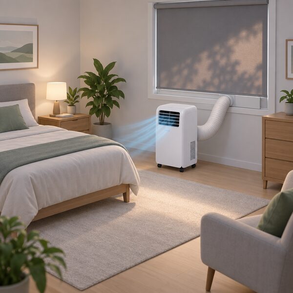 A small portable air conditioner on castors stands against the wall of a simply furnished bedroom with the window shaded and its exhaust hose running to a window sealing kit, cooling the room on a hot afternoon.