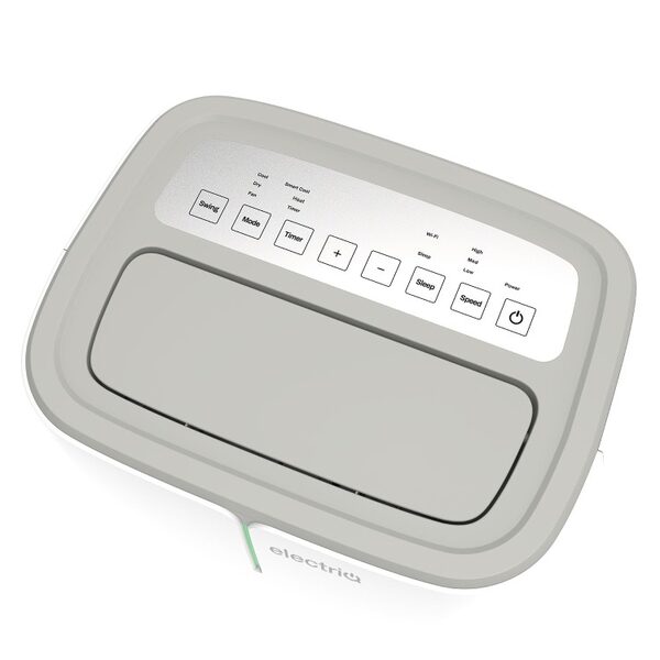 Top control panel of an electriQ portable air conditioner and heater with buttons for swing, mode, timer, sleep, speed and power