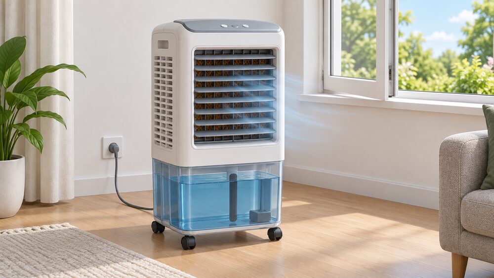 A portable evaporative air cooler shown close up in the centre, its water tank filled, plugged into an ordinary wall socket, with an open window behind it providing the fresh air supply the unit relies on.