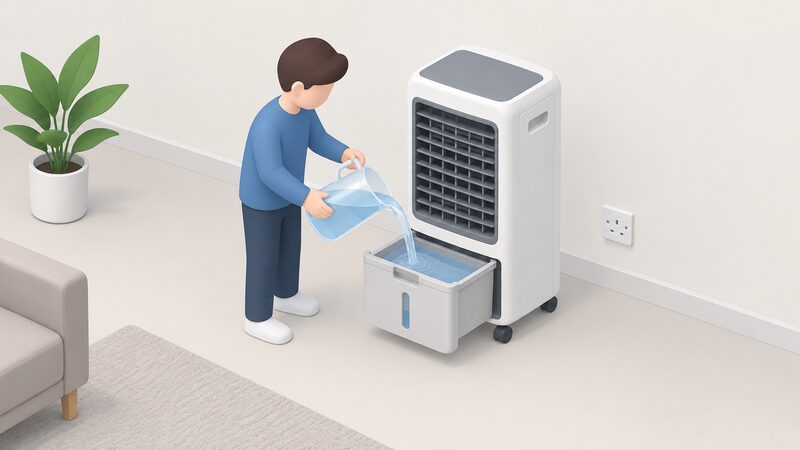 A simplified isometric figure pours water from a jug into the pull-out water tank of a portable evaporative cooler standing on a floor, the tank drawn slid out from the unit with no pipe or plumbing connection anywhere in the scene.