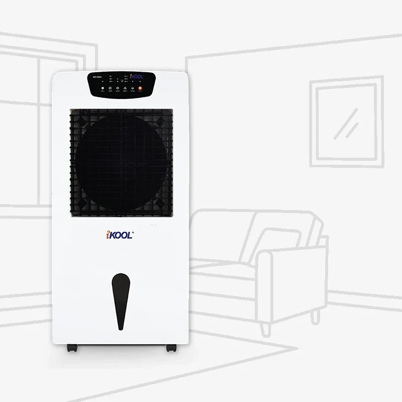 A white iKOOL portable air cooler product photo against a sketched living-room background