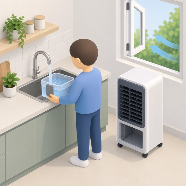 A small isometric figure holds a portable evaporative cooler's removable water tank under a kitchen tap, water flowing in, with the cooler unit standing beside it and a window open behind, showing the machine cools by adding water to the air.