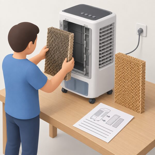 A worn evaporative cooling pad removed from a portable evaporative cooler and held beside the open pad slot, with a new plain pad ready to slide in, showing the maker's instruction sheet lying nearby on the table.