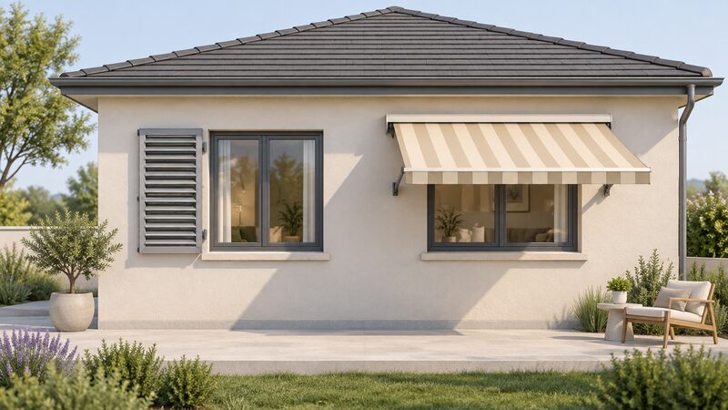 A single house elevation with an aluminium louvred shutter fixed beside one window and a retractable fabric awning extended over another, both on the same rendered façade, showing the two materials side by side.