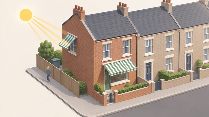 An isometric view of a UK terraced house with fabric awnings extended over a south-facing window and a west-facing window on adjacent elevations, the afternoon sun shown as a plain disc with rays angled onto the west awning, while the north elevation has no shading.