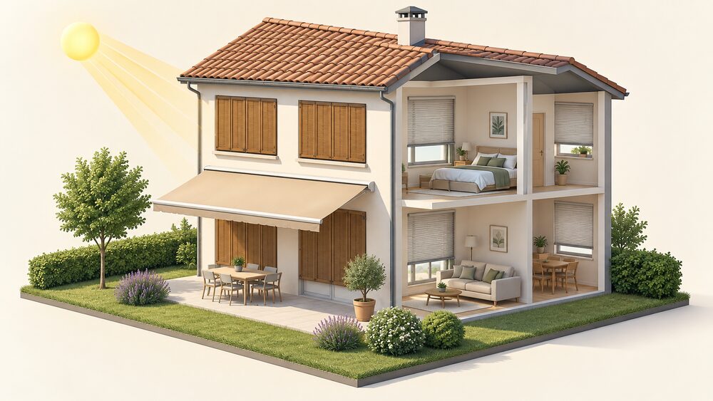 A cutaway of a house on a sunny day showing a projecting awning and closed external timber shutters over the windows on the outside of the façade, with an internal blind hanging behind the glass inside the room, sunlight stopped at the outer shading.