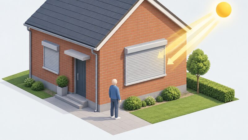 A brick house with closed external shutters fitted across a south-facing window, sunlight falling on the shutters while the glass behind stays shaded, with a small isometric figure standing outside near the window to show the shutters are on the exterior wall.