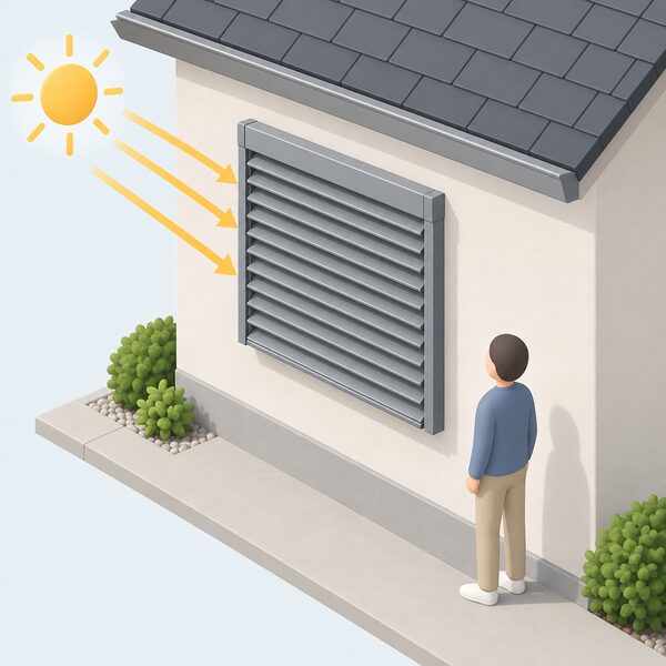 A simplified isometric house exterior with one adjustable louvred shutter fully closed across the outside of a window on an external wall, its angled slats blocking direct sunlight shown as sun rays stopping at the shutter, with a small figure beside it.