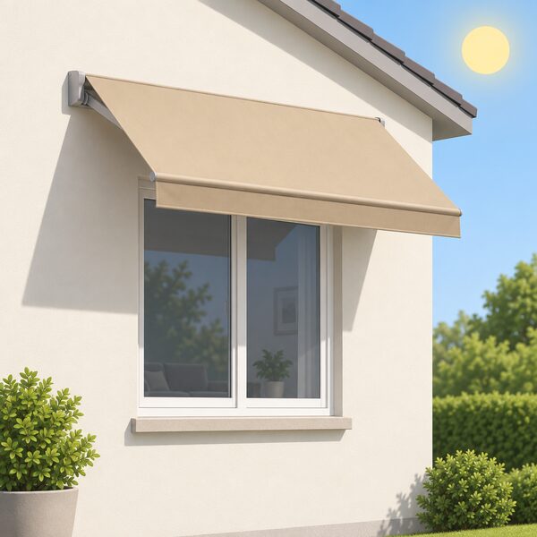 A plain fabric awning projects from the wall of a simple house above a window, casting shade over the glass and the surrounding wall, with the sun high in the sky and the awning angled downward to block it.