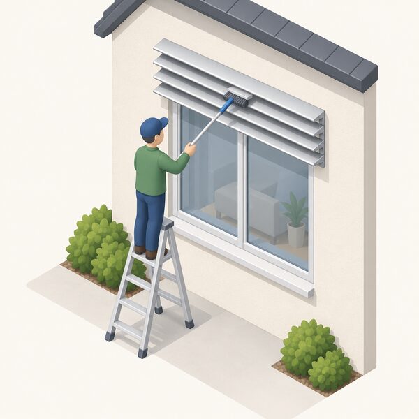 A small isometric figure on a ladder at the outside of a house uses a long-handled brush to clean fixed aluminium louvre blades mounted above a window on an external wall, with the blades angled to deflect sunlight away from the glass below.