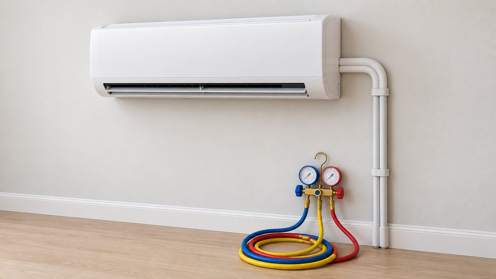 A close-up of a white wall-mounted domestic split air conditioning indoor unit on a plain interior wall, with its refrigerant pipe run and a service engineer's gauge manifold with hoses resting on the floor beneath it.