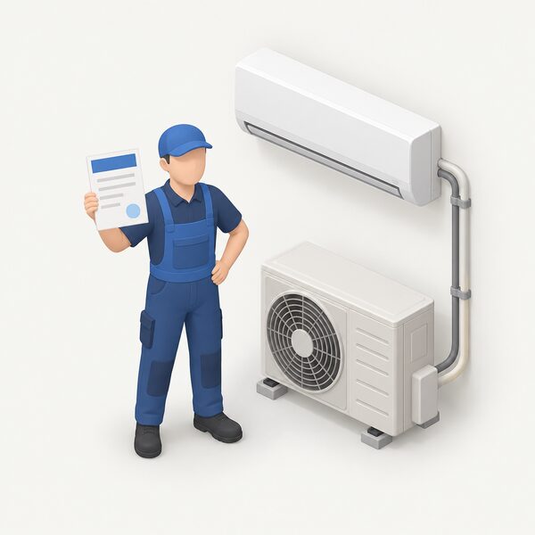 A simplified isometric engineer in plain work clothing stands beside a domestic split air conditioning system, holding up their F-Gas qualification certificate as a physical document with blank lines and plain colour bands, no readable content.